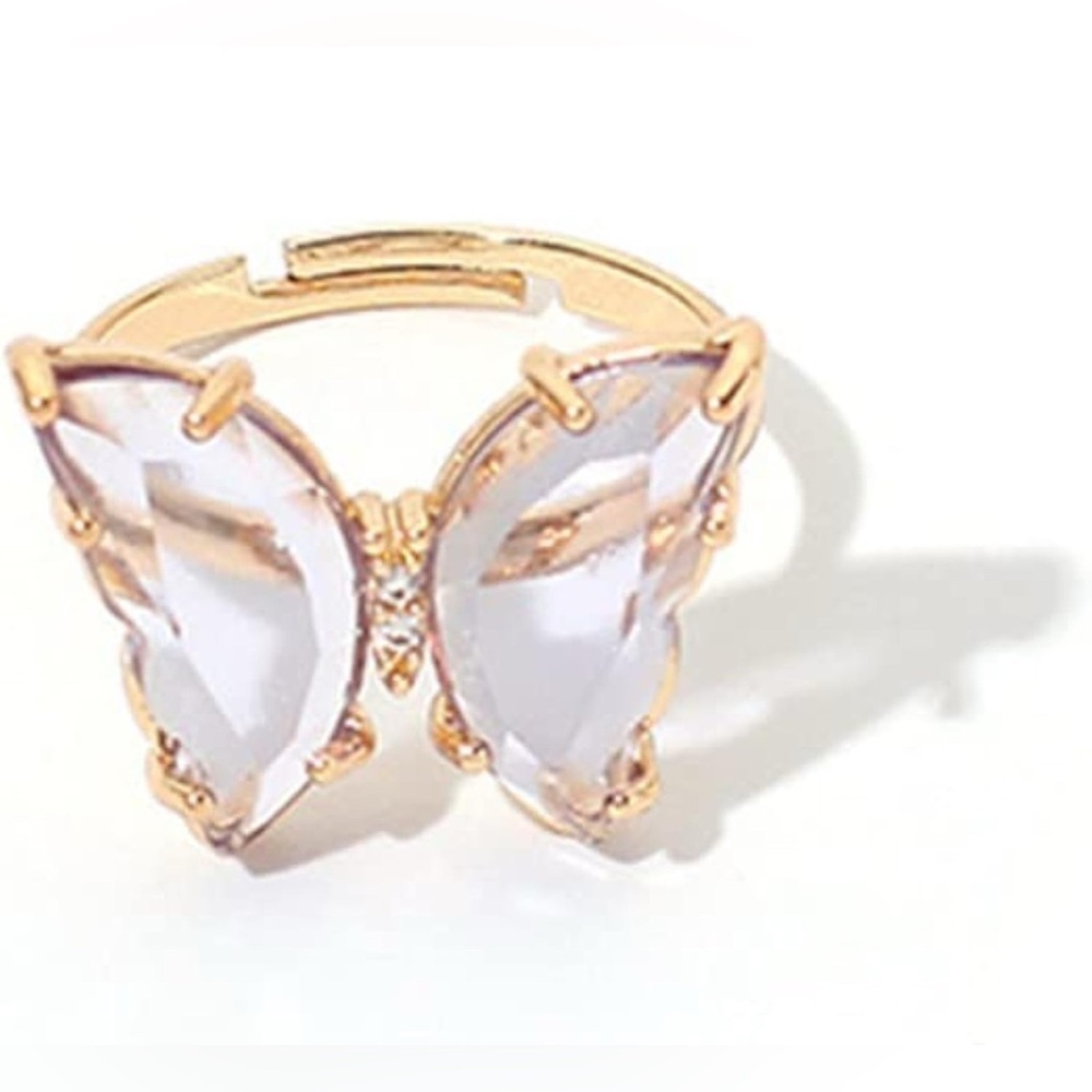 Light Purple Butterfly Gemstone Fashion Ring Gold Tone Adjustable